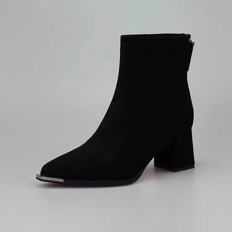 轩美诗2024秋冬辛苦尖头贴片方体粗跟时尚瘦瘦短靴20036女百搭