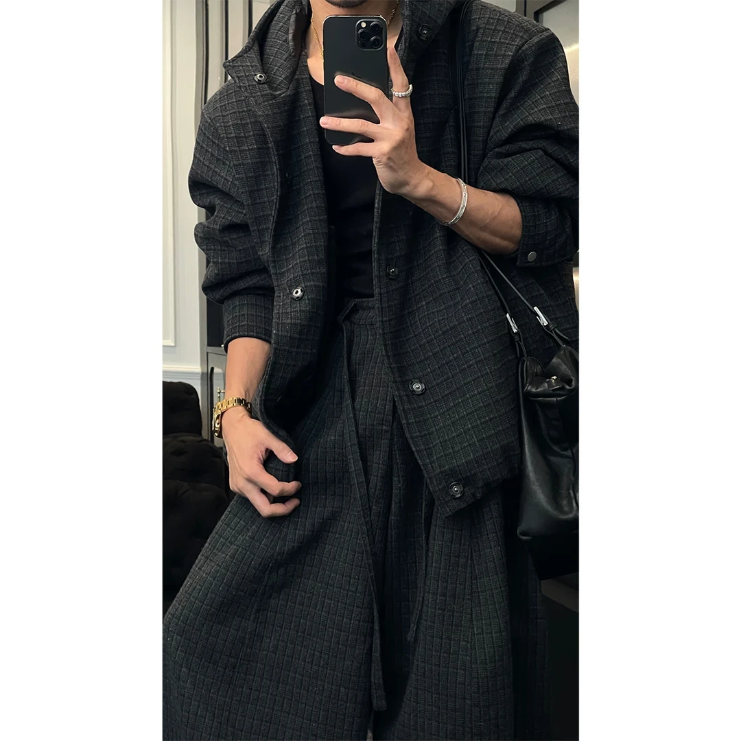 秋冬新款潮流复古高级感格子百搭保暖连帽外套宽松休闲裤运动套装