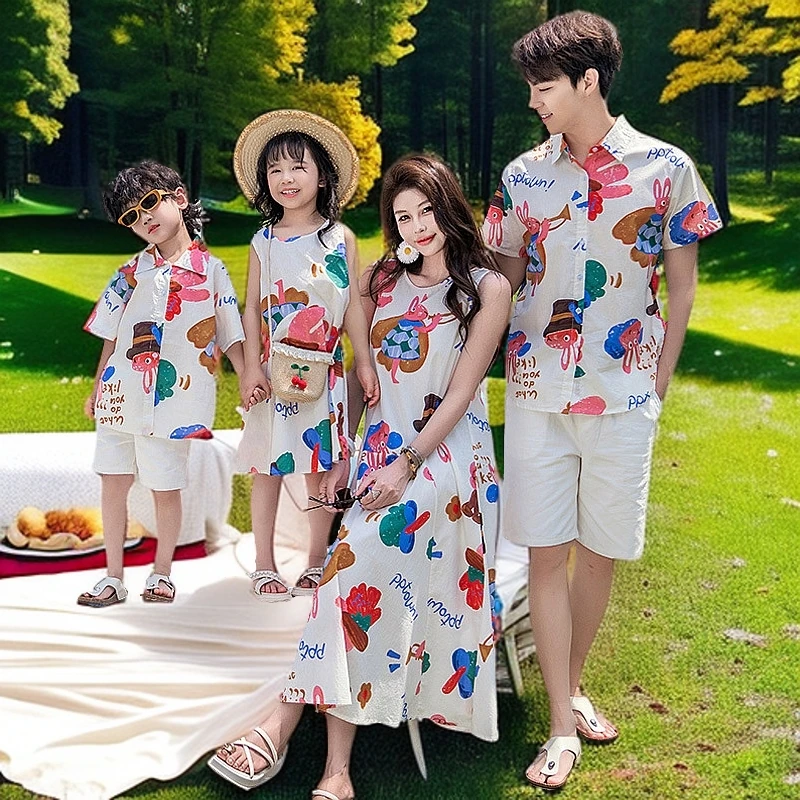 一家人亲子装一家三口四口妈妈女儿母女装连衣裙子夏季港风母子装