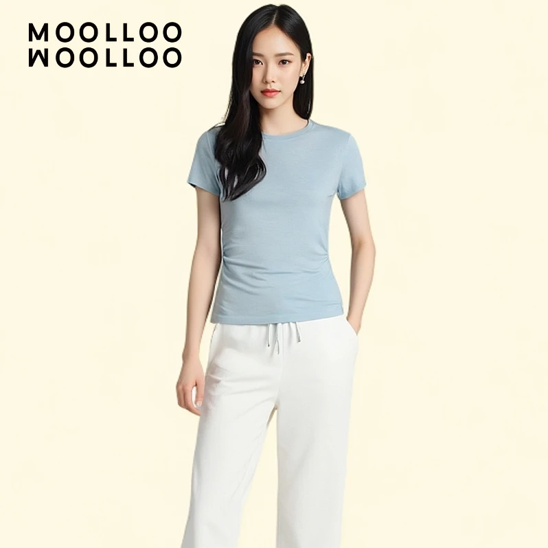 MOOLLOO WOOLLOO羊毛天丝抽褶收腰圆领短袖女士春夏纯色百搭时尚