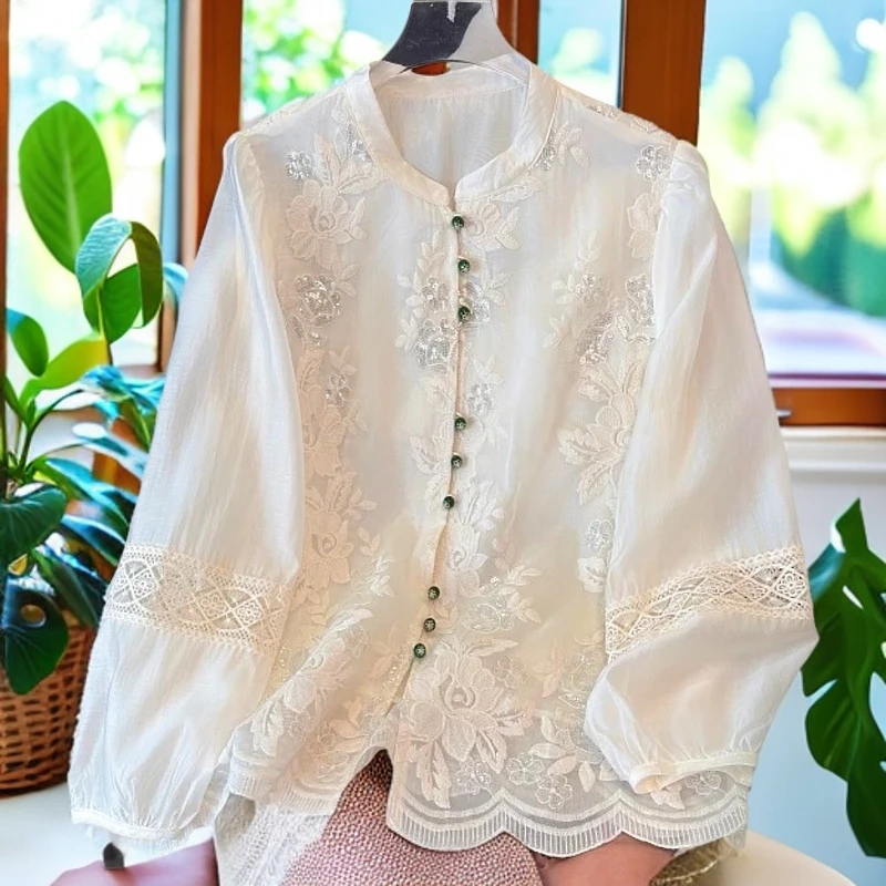 中式刺绣长袖衬衫复古国风气质小立领开衫