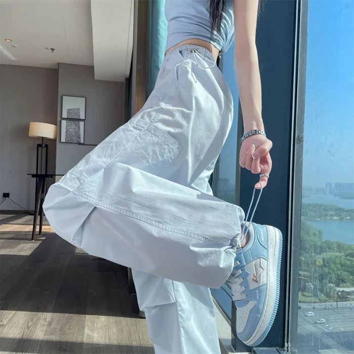 蓝色速干工装裤女2025夏薄款多巴胺登山裤冰丝运动伞兵裤防晒长裤