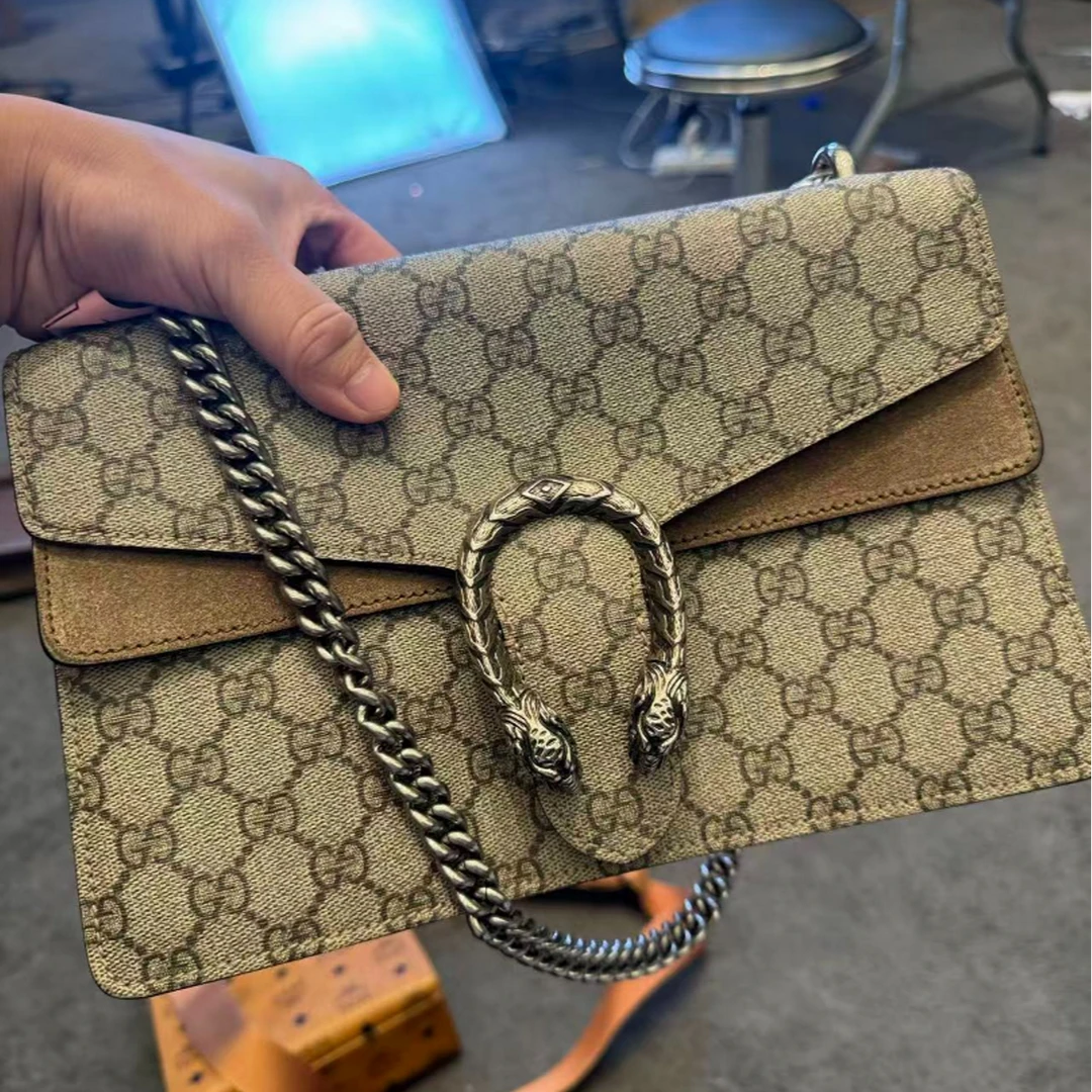 99新 GUCCI/古驰 古驰酒神老花斜挎单肩包乌木色/米色