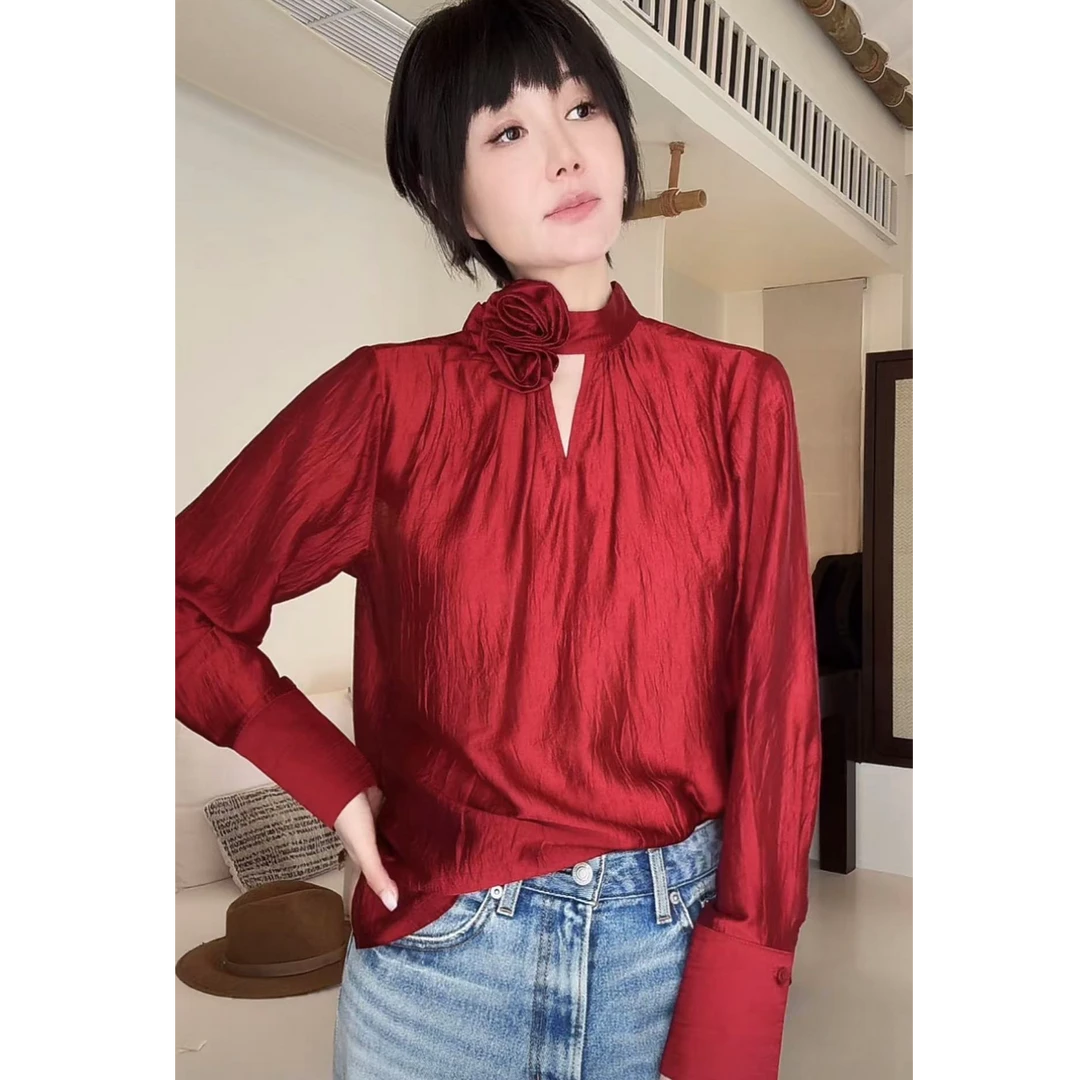 KOKOWANG醋酸混纺洋气款立体花朵领时尚打底衬衫上衣540685A02T43