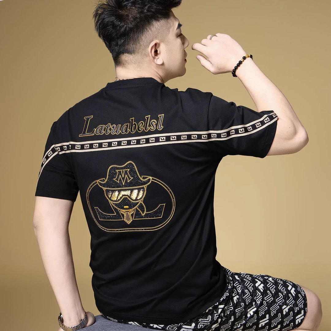 欧货2025新款男士夏季重工百搭字母刺绣宽松短袖高端潮流圆领T恤