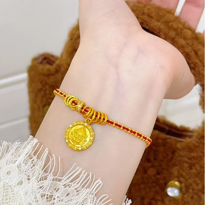 RTUP 铜合金手链 新中式点钻黄财神六字直言盘缠红绳手工首饰手绳