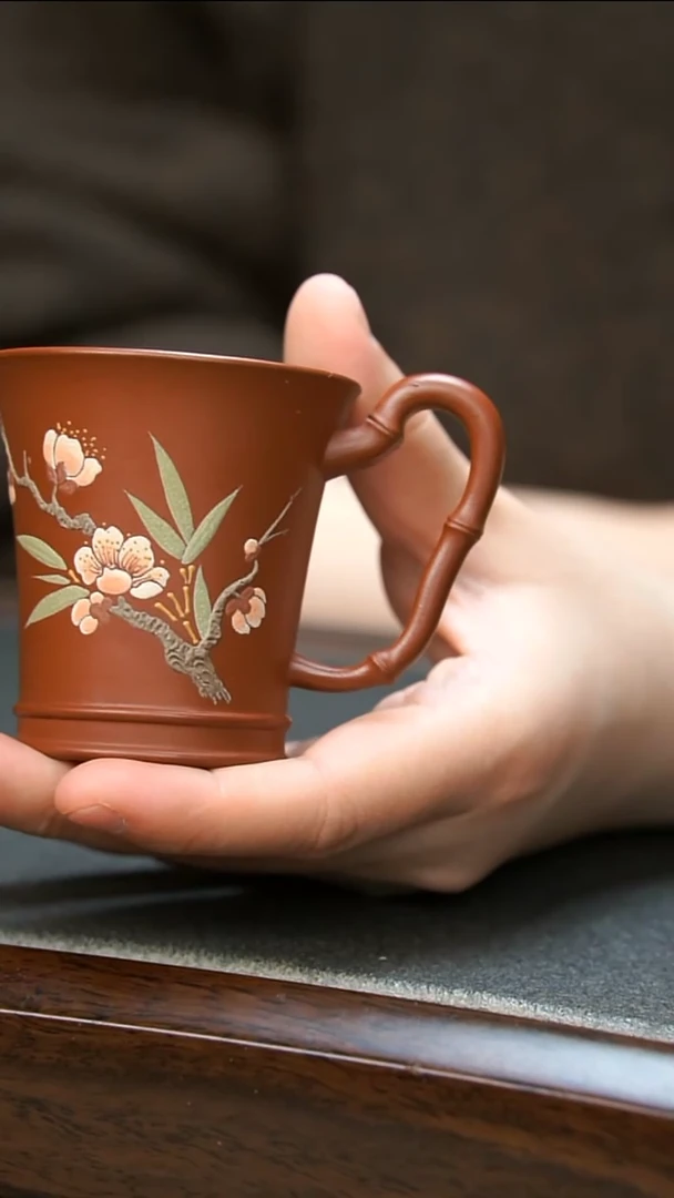 【闪购商品】紫砂茶壶朱泥花花手把杯