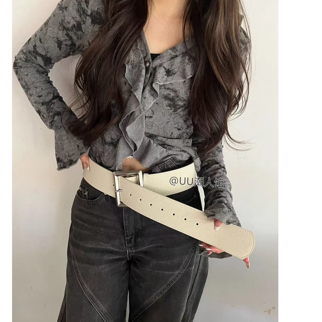 uu潮人馆小众复古辣妹仿麂皮磨砂宽边腰带银扣腰封搭配叠戴宽版