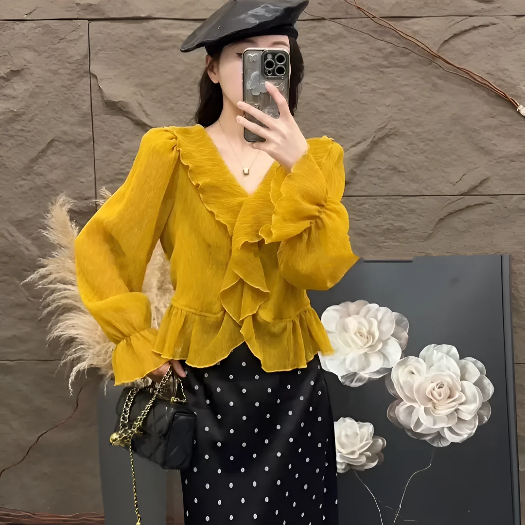 法式别致荷叶边v领喇叭长袖衬衫女2025夏季新款洋气百搭减龄上衣