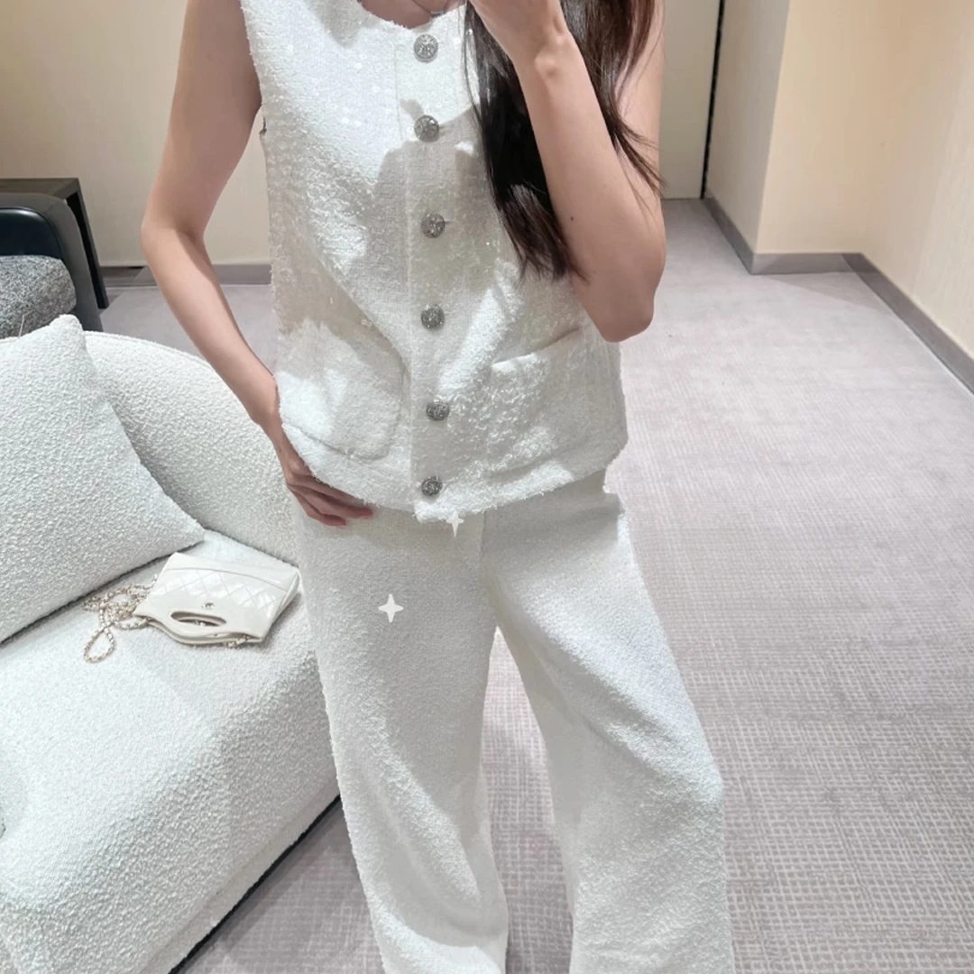 【大希希定制】编织时尚宽袖女装刺绣法式早秋夏季无袖小香风套装