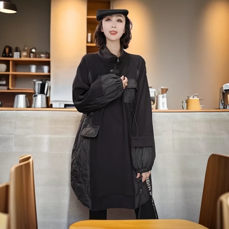 加绒加棉中长款收腰显瘦连衣裙外套卫衣时尚气质百搭秋冬14088