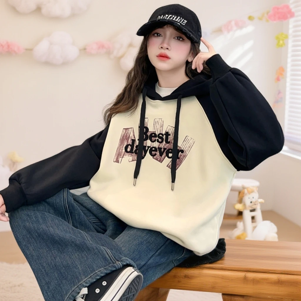 女童卫衣秋冬款2025新款洋气儿童中大童连帽秋季初中生上衣加绒冬