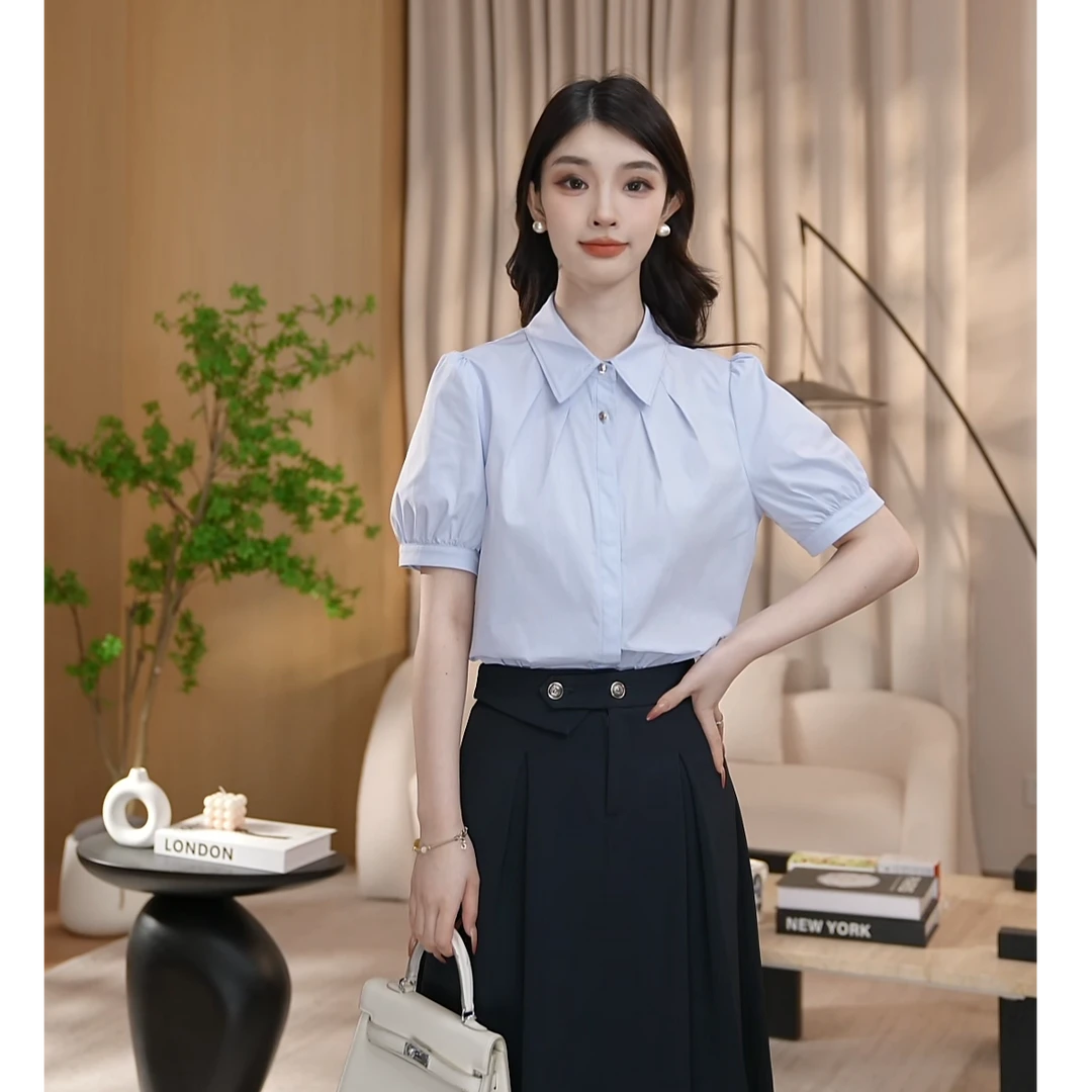 【曼贝】夏季新款时尚短袖天空蓝通勤显瘦衬衫女8592458C【珮珮】
