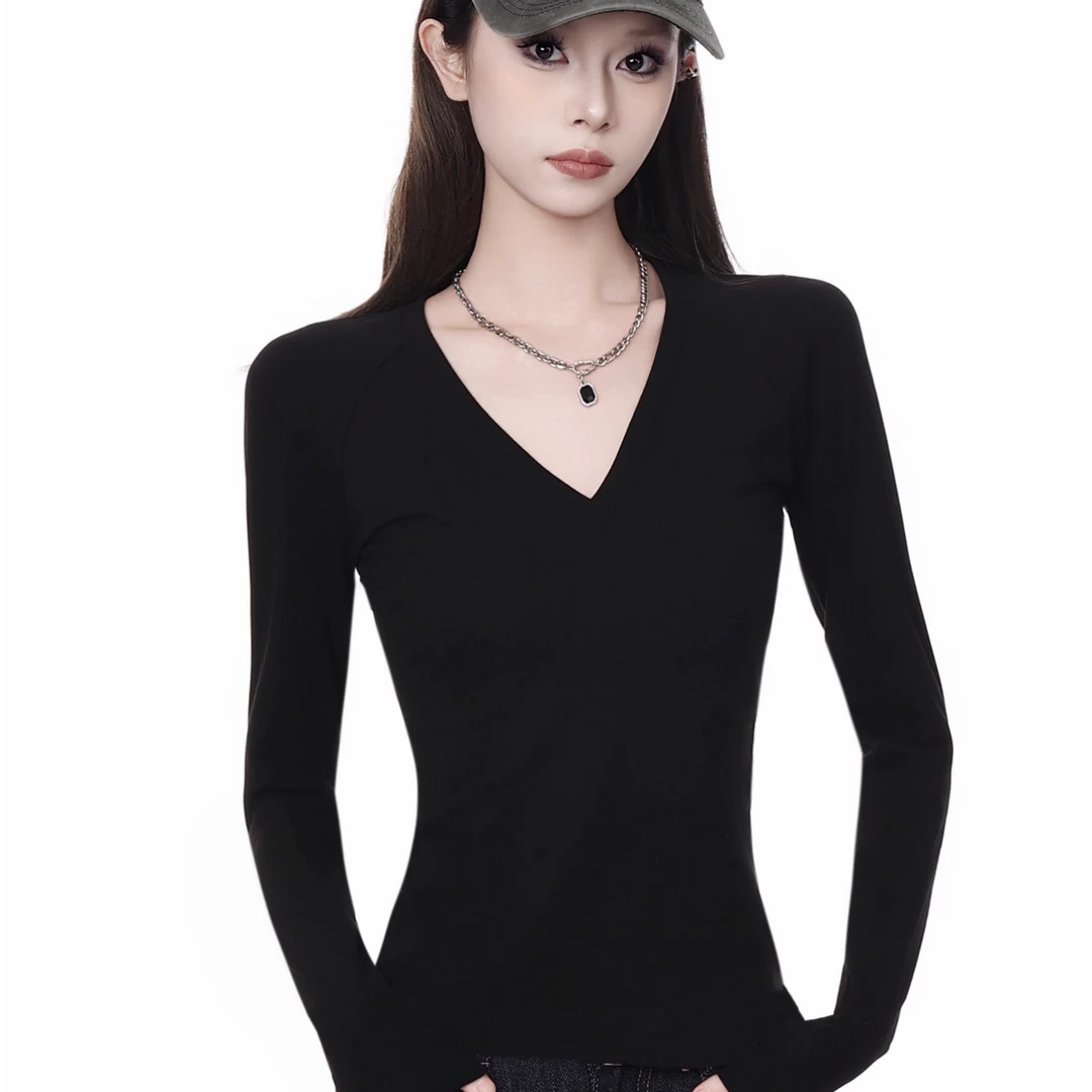黑色v领长袖t恤女2025春新款修身收腰显瘦针织衫内搭打底上衣