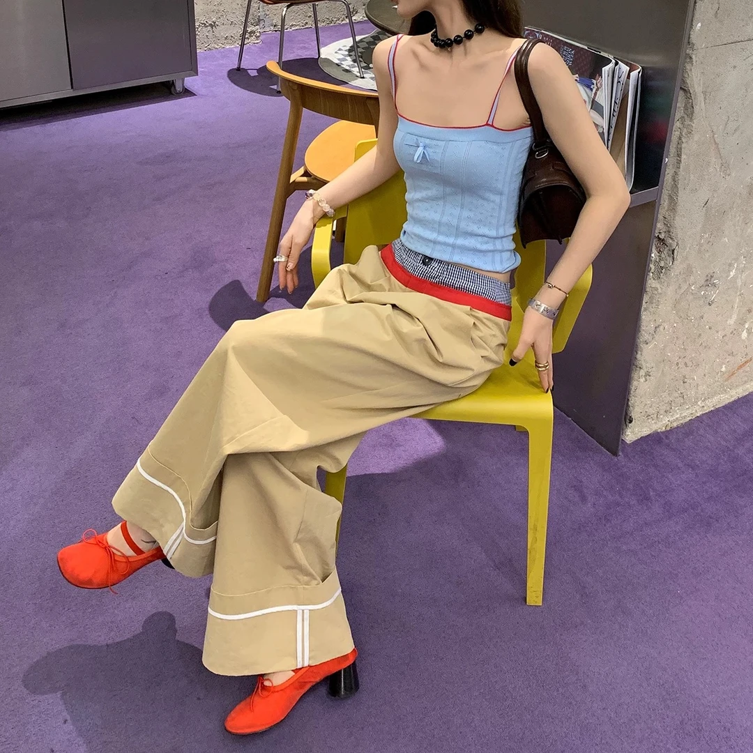 周美美   解码个性条纹卡其拼接弹力双腰头翻边休闲裤