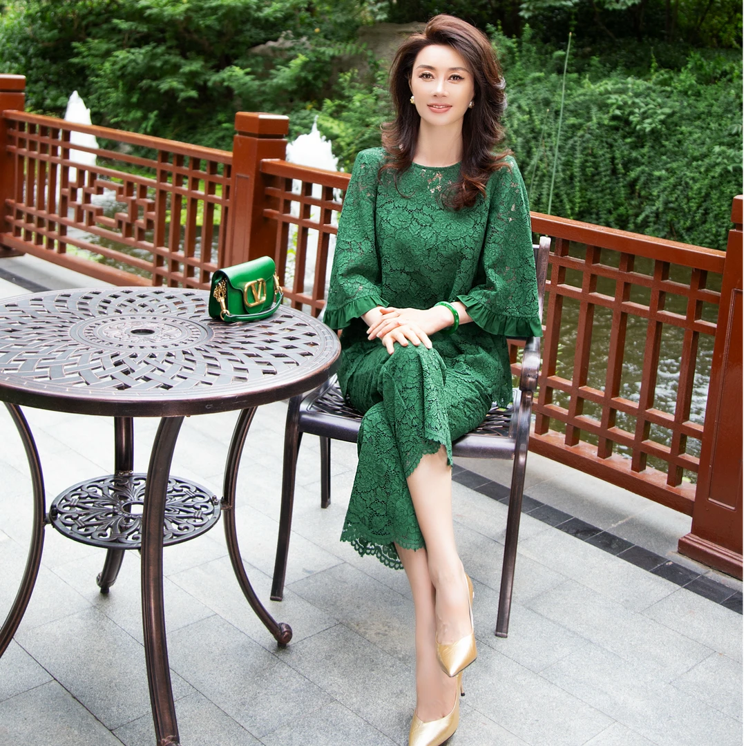 EDFNOT/杨红霞汝意FS墨绿色度假风蕾丝套装/FS-F23064