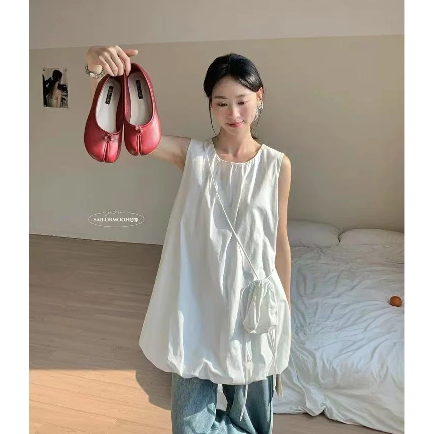 2025夏圆领花苞背心裙女ins韩版宽松显瘦小个子a字连衣裙配包包