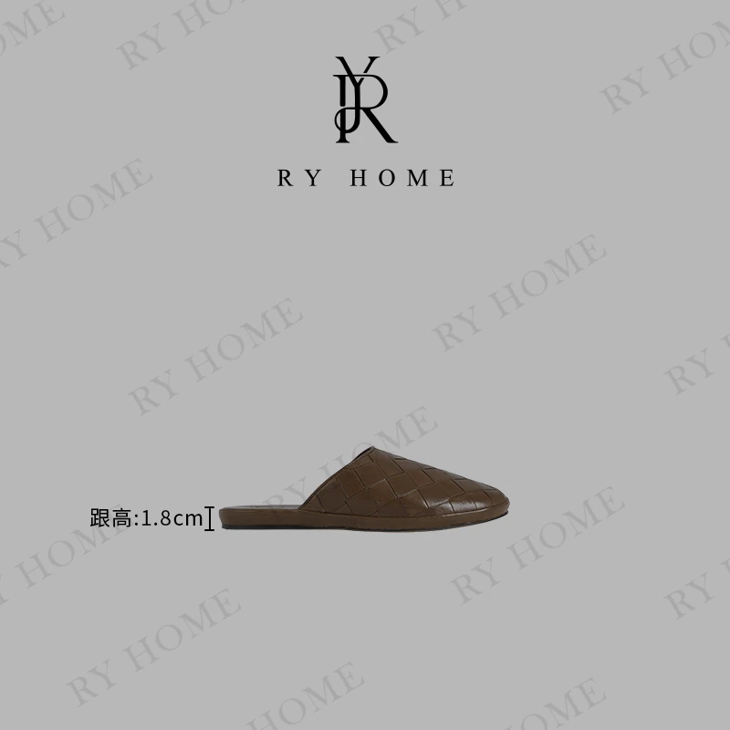 【容雨RYHOME】油蜡真皮菱格半包头拖鞋251X1308