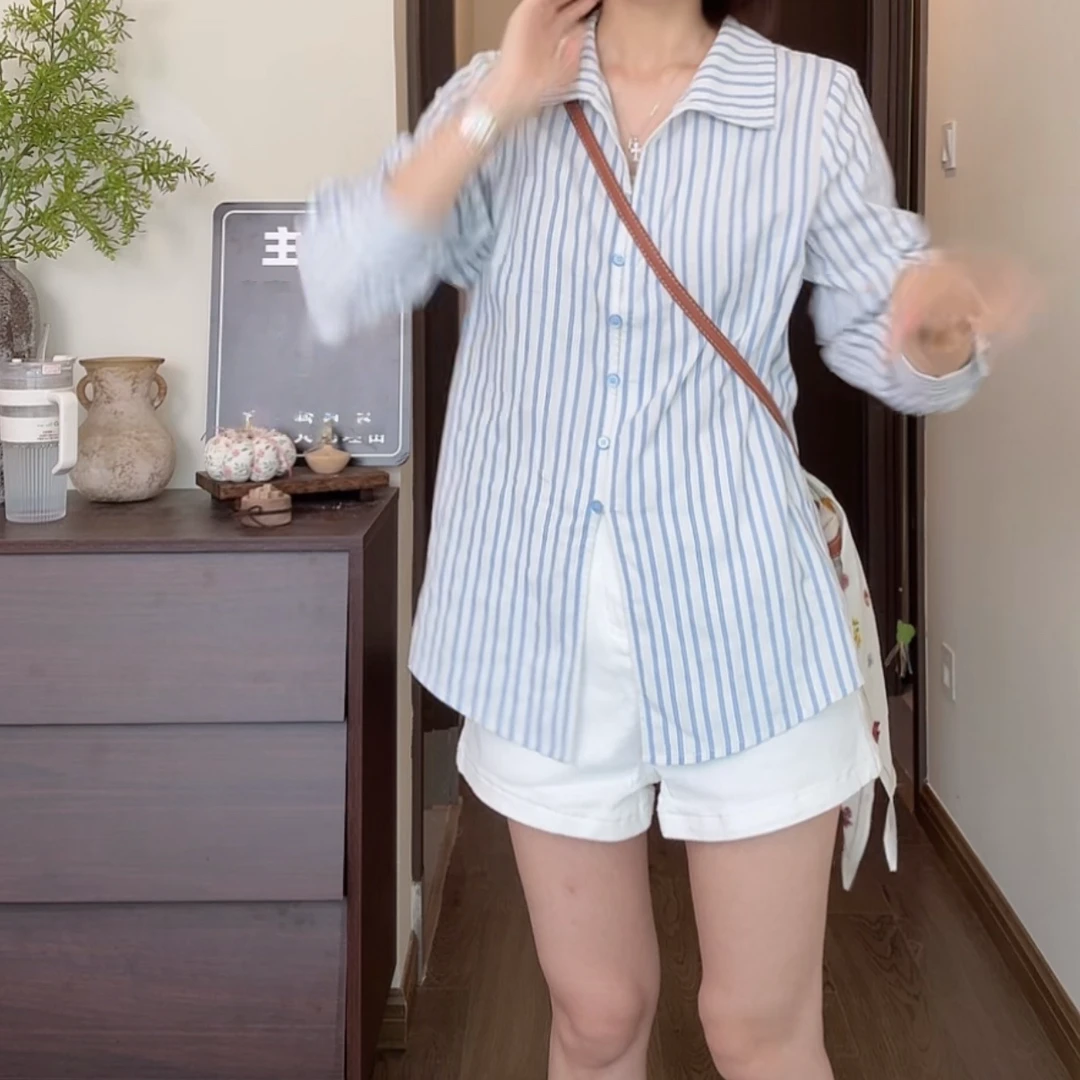 设计感时尚POLO领清新条纹衬衫女2025夏季新款法式慵懒松弛感上衣