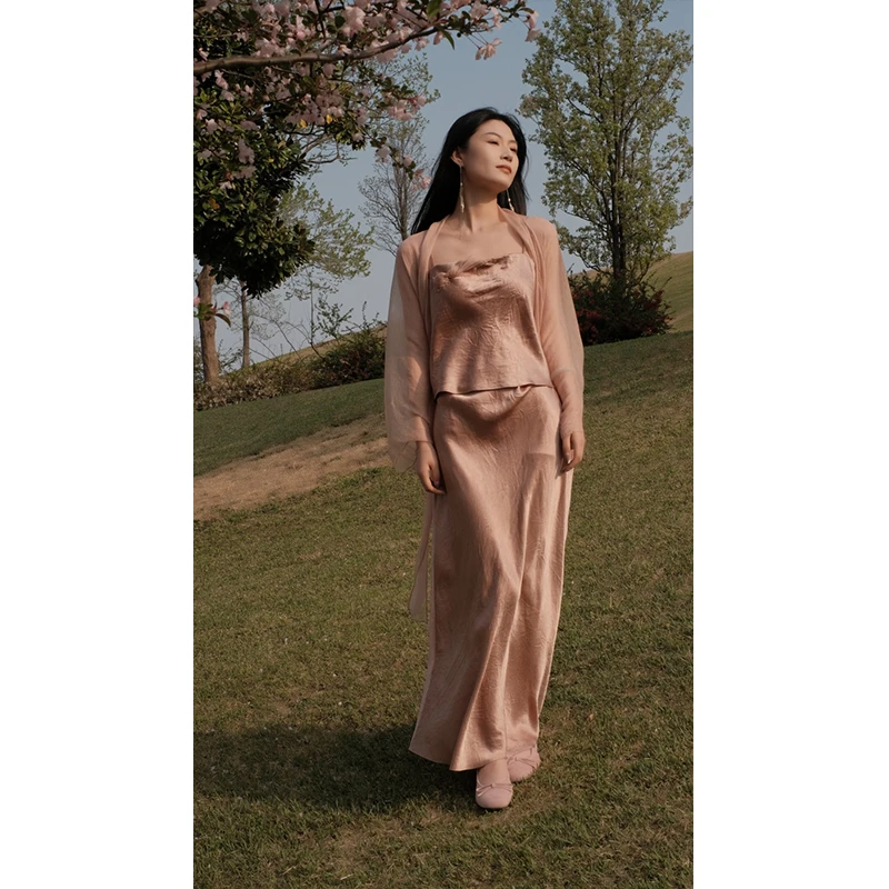 泊风ozen【桃之夭夭】设计师改良汉服顺纡飘纱开衫小吊带半身裙