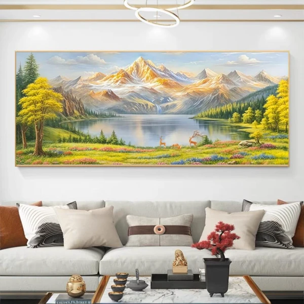 聚宝盆金山福禄沙发背景墙山水挂画客厅横幅画平面晶瓷挂画装饰画