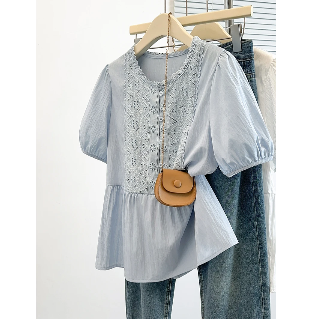 大码法式蕾丝泡泡短袖衬衫女夏季胖妹妹宽松遮肉显瘦洋气减龄上衣