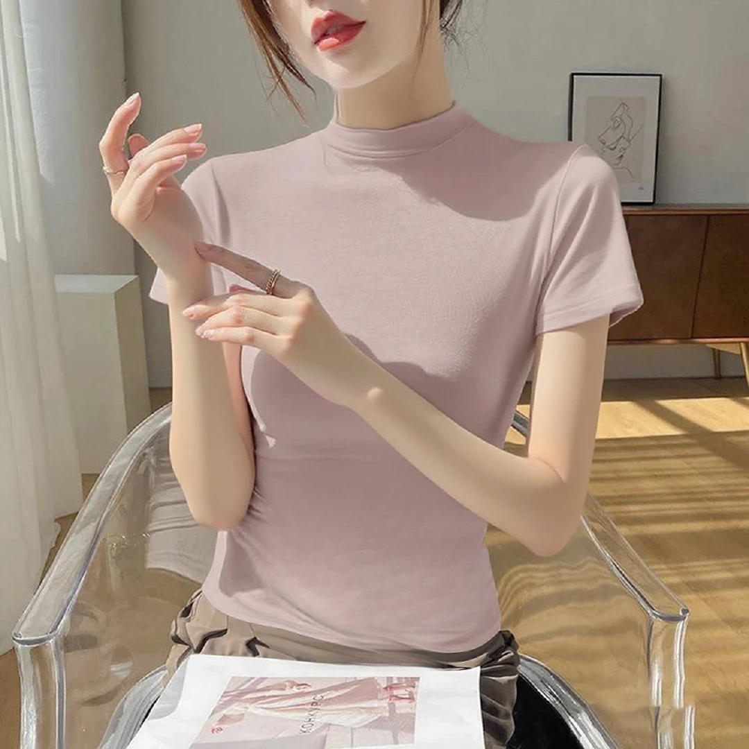 皮粉莫代尔半高领短袖t恤女夏2025新款正肩薄款冰丝紧身显瘦上衣