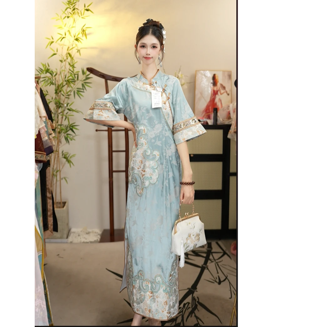 花享悦国风2025夏季新款中国风飘逸日常青色长款重磅（1521）