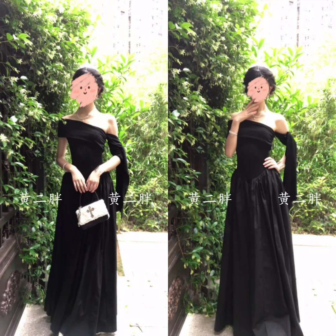 赫本风一字肩飘带连衣裙女富家千金风气质小黑裙2025夏季新款