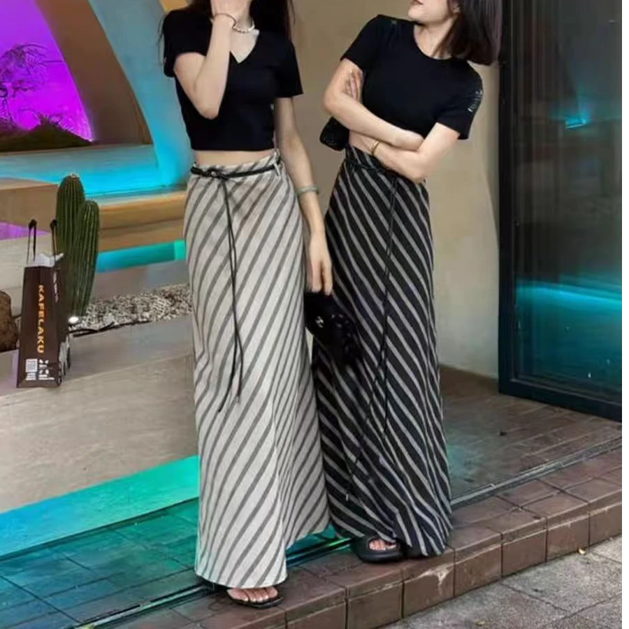 高腰性感风A字裙女秋季印染条纹半身裙减龄气质时尚可露丽风洋气