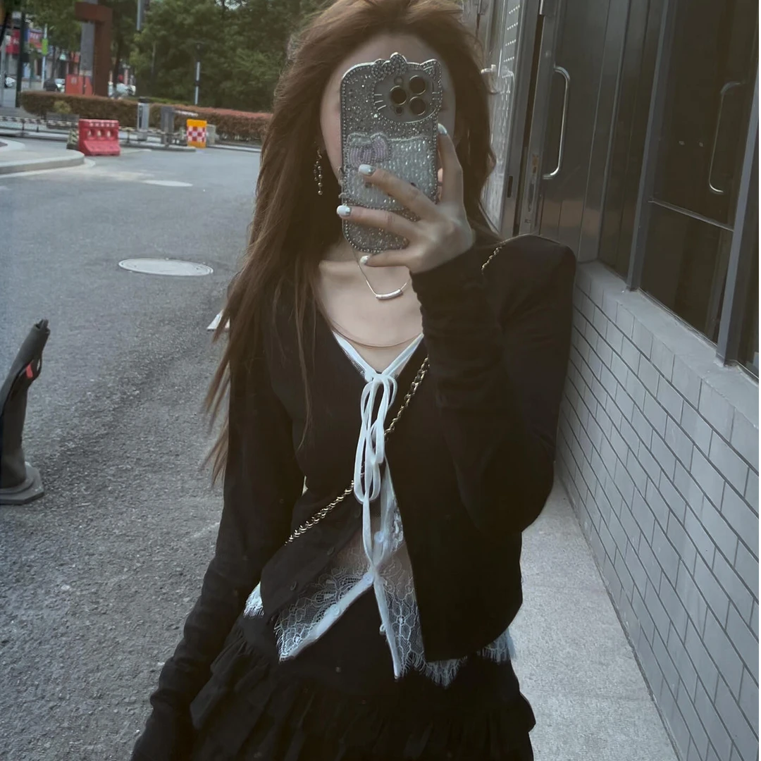 黑色蕾丝假两件系带长袖开衫女春季纯欲辣妹独特漂亮修身短款上衣