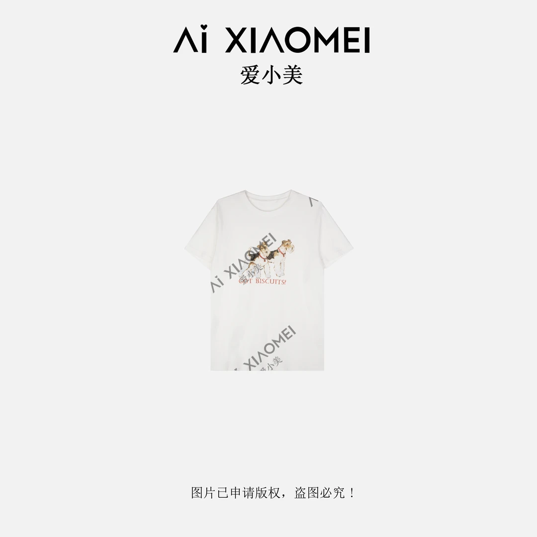 卡通雪瑞纳小狗印花圆领棉麻混纺夏季舒适透气简约百搭T恤SY-2398