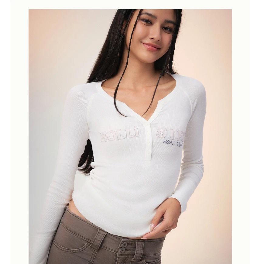 Hollister25秋新款LOGO美式辣妹亨利领印花长袖T恤女装357-5019
