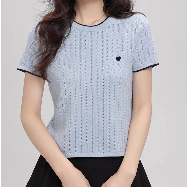 2025新款圆领爱心针织简约休闲时尚镂空短袖