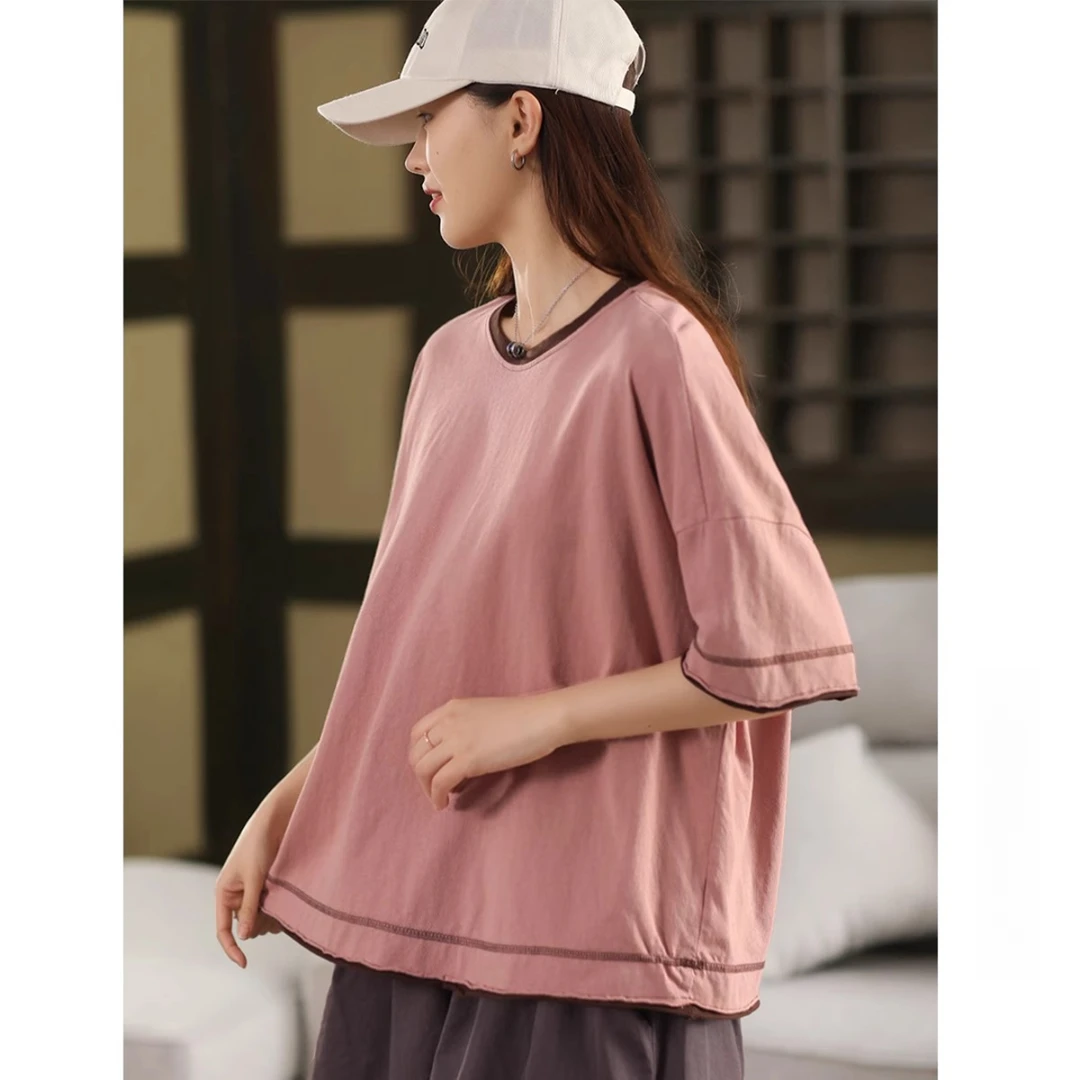 新款复古撞色圆领短袖T恤全棉上衣女宽松文艺套头衫百搭夏季简约
