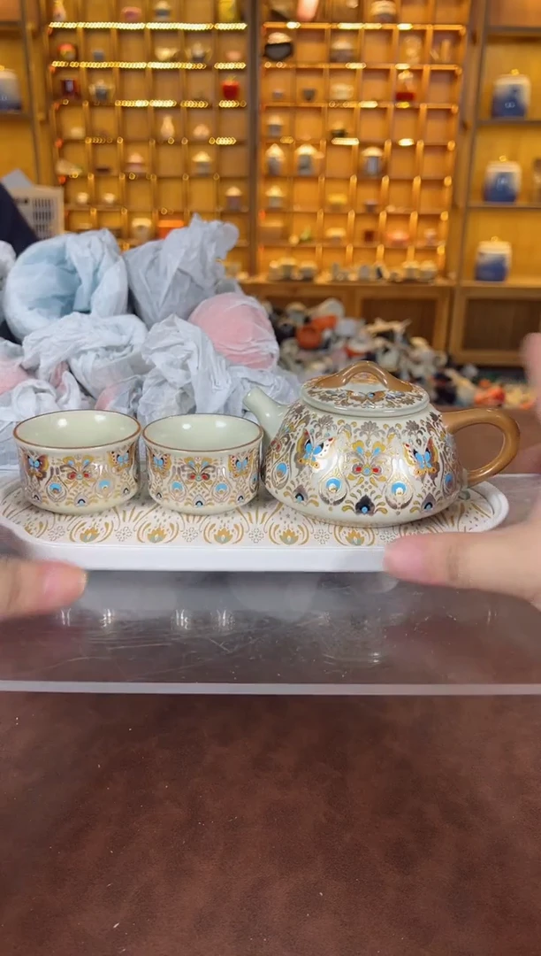 瓷片鸣盏居11111111金银错石瓢壶套组+茶盘