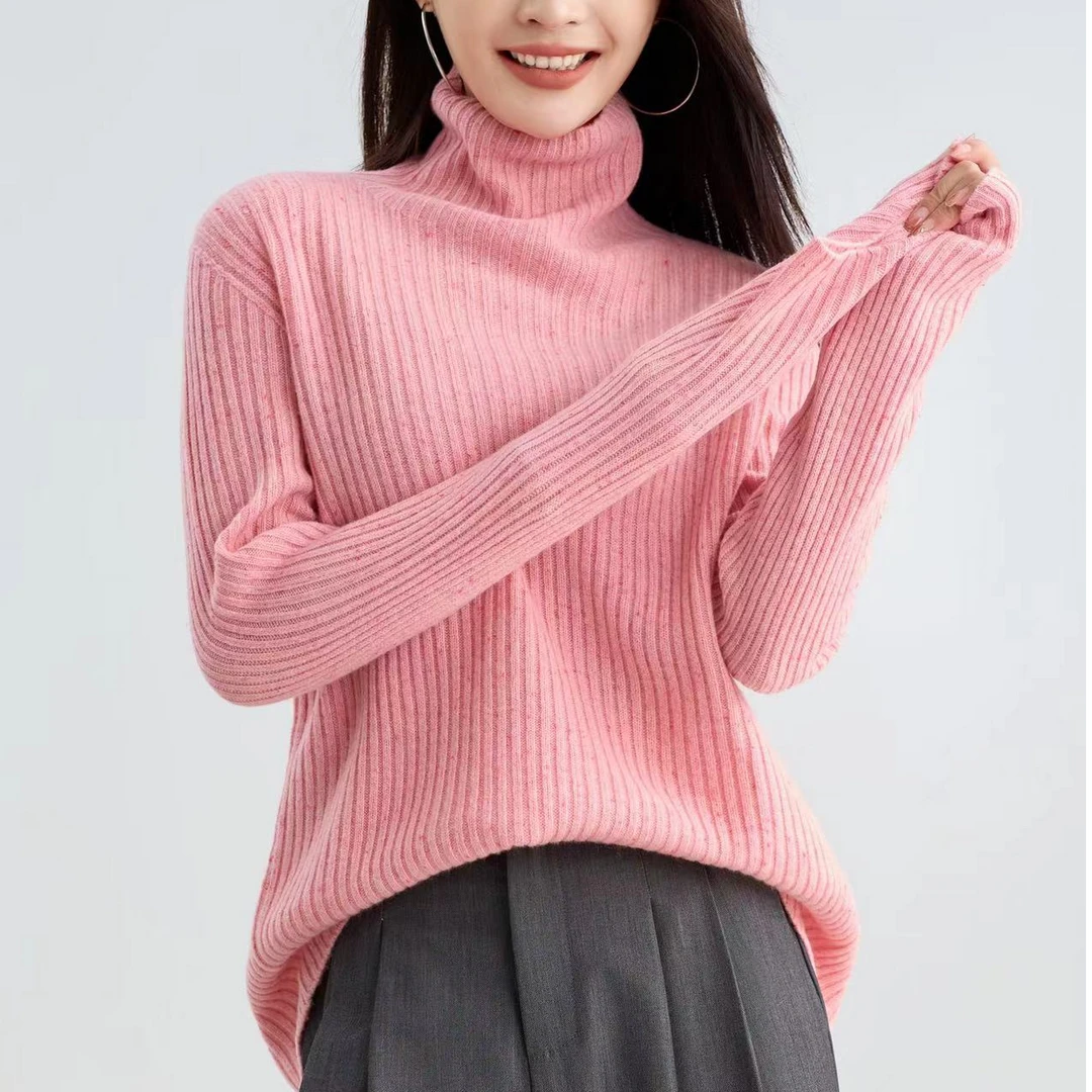 100%绵羊毛点子纱高领厚款坑条宽松版女士羊毛衫打底针织衫