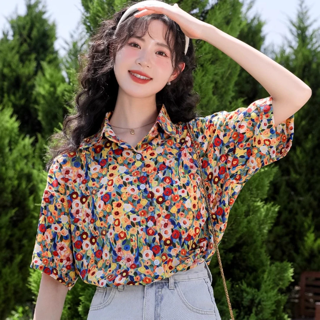 【短袖】女士衬衫印花POLO领夏季碎花复古港风洋气百搭显瘦港味上衣