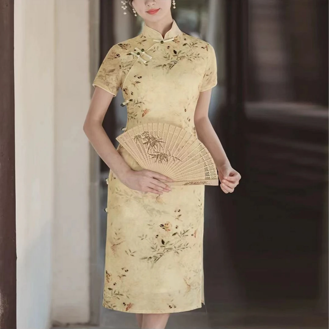 336-黃色 小蜜蜂 中長 改良 旗袍