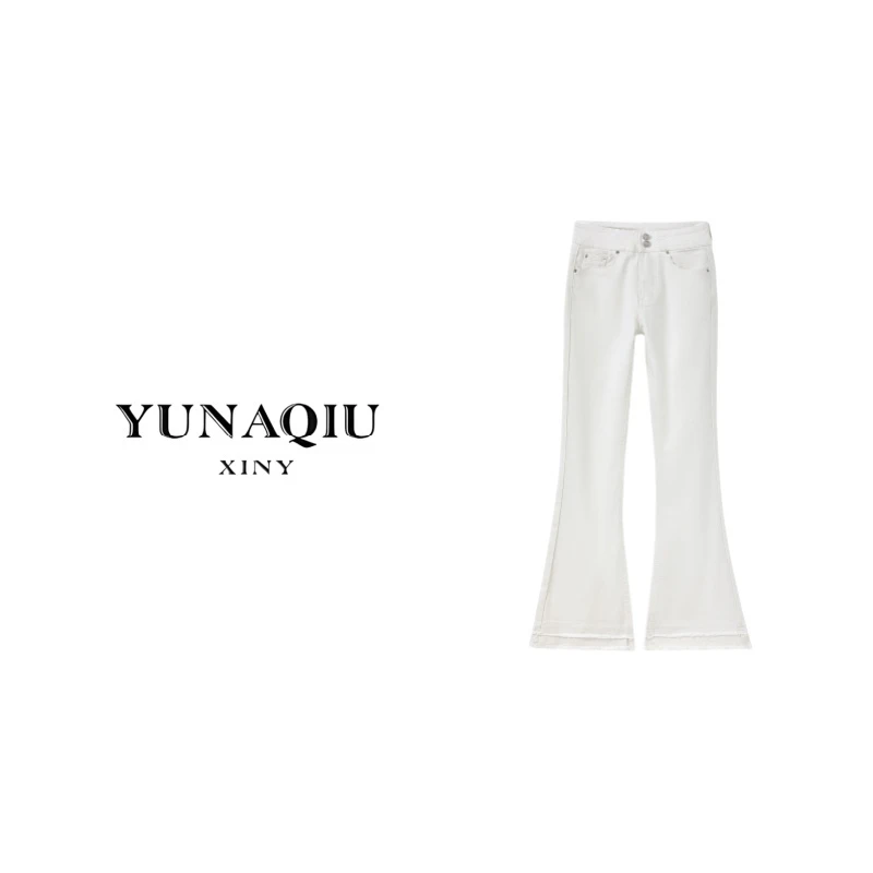 YUNAQIU-休闲裤白色时尚女士春夏微喇牛仔裤-8969