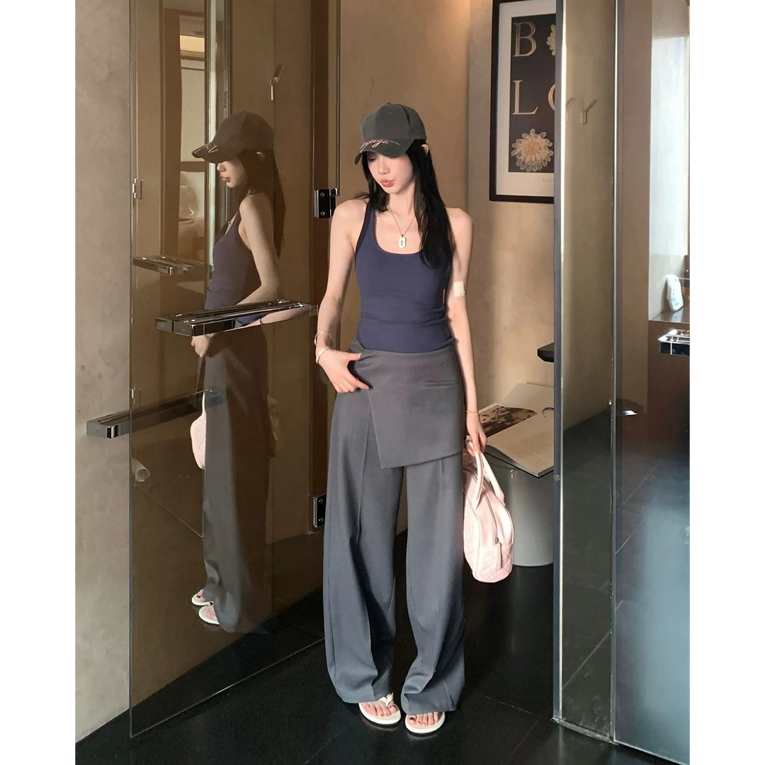 设计感假两件拼接高腰休闲裤女夏季灰色西装裤显瘦垂感阔腿拖地裤