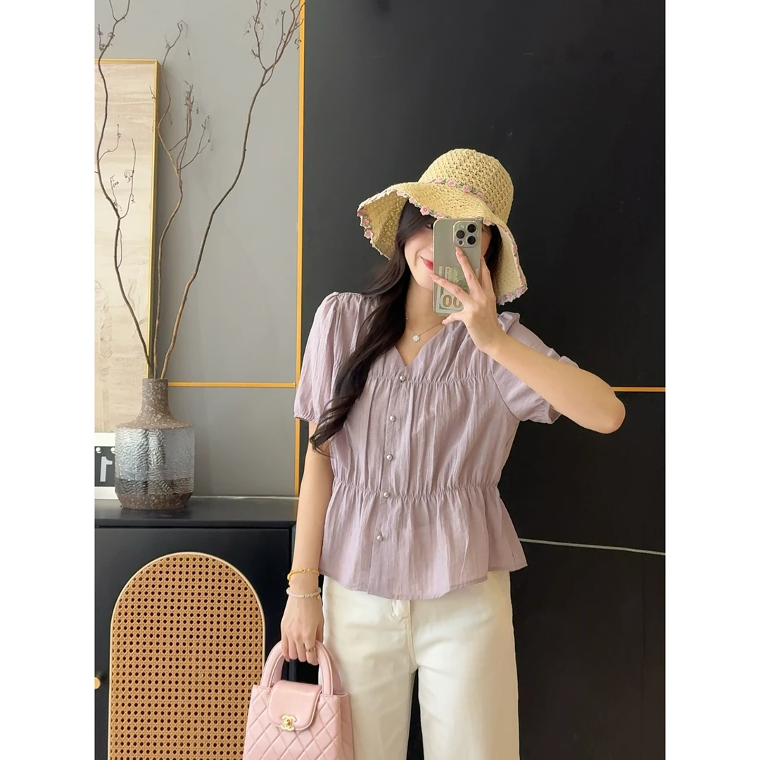 清~现货【七佰万】-米兰往事-夏季冰感V领褶皱短袖衬衫D25050607