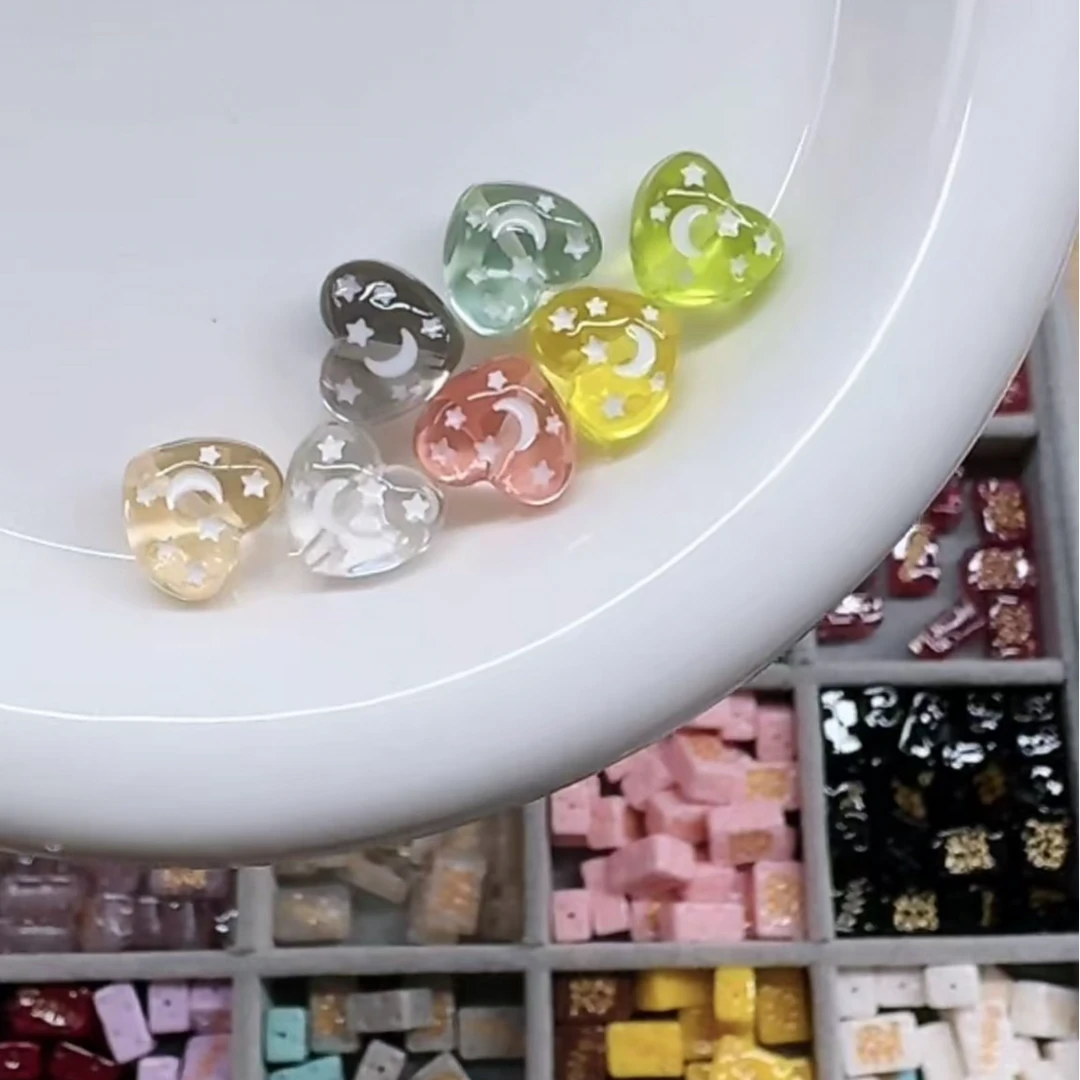 DIY手作饰品配件韩国家透色发光双面手绘星月爱心珠