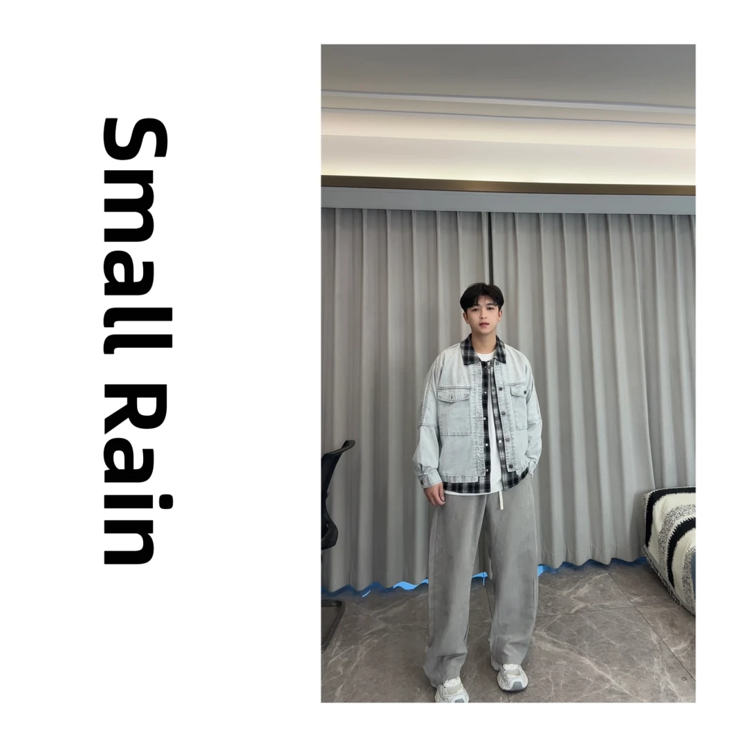 【春季上新】潮牌洗水牛仔格子拼接假两件服男春季青年痞帅潮流外套