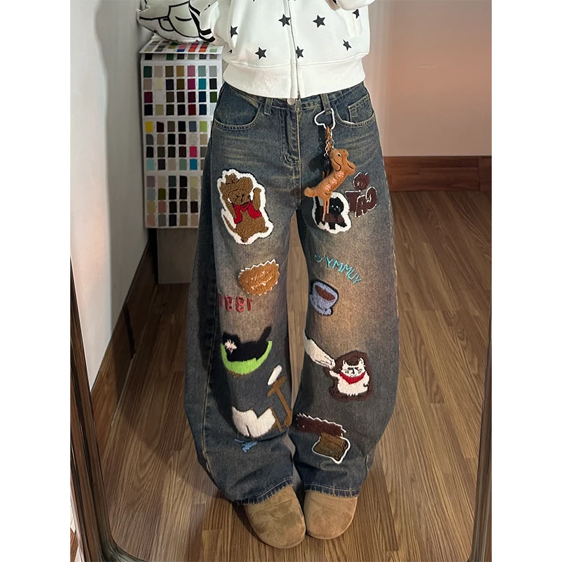 【现货48】卡通小狗贴布刺绣牛仔裤女设计感宽松显瘦高腰阔腿弯刀裤