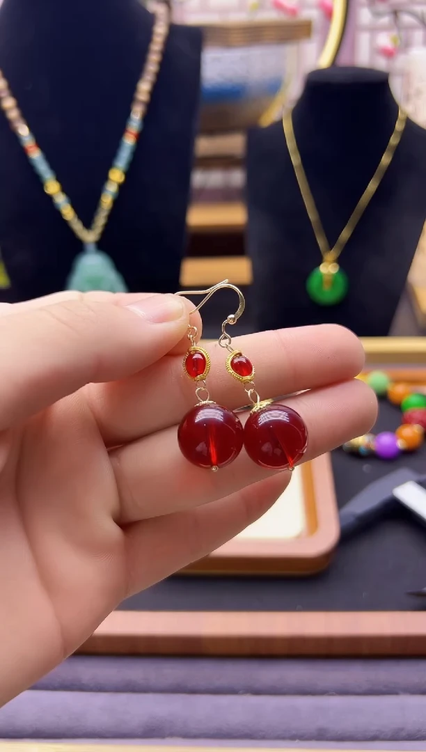 【闪购商品】血珀耳饰14K金镶嵌E201