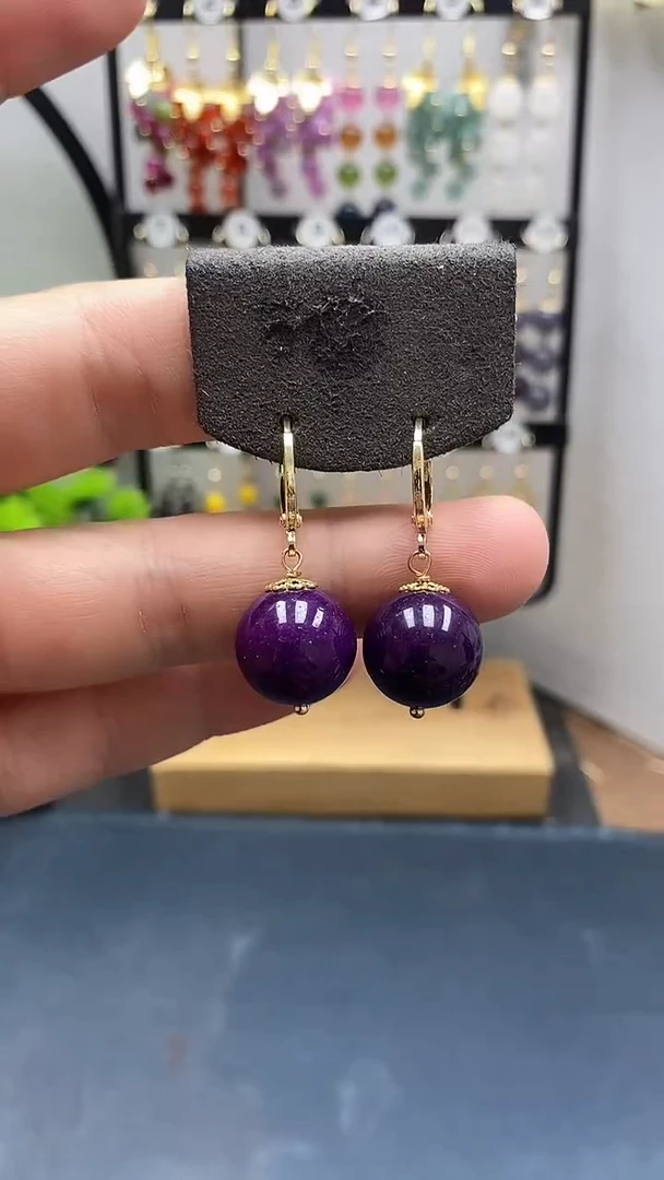 银S925镀金镶嵌苏纪石（舒俱来）耳坠尺寸14mm耳扣11