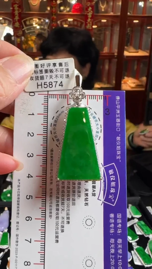 颈饰18K金镶嵌翡翠H5874辣绿无事牌