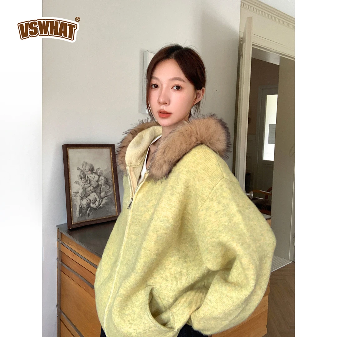 Vs what「慢生活特调」可拆卸毛领开衫毛衣外套女秋冬连帽针织衫