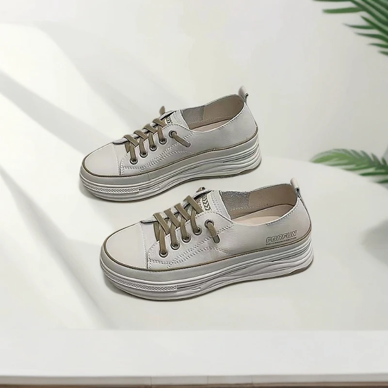 【慧丽心选】新款休闲百搭真皮圆头一脚蹬厚底防滑小白鞋23818